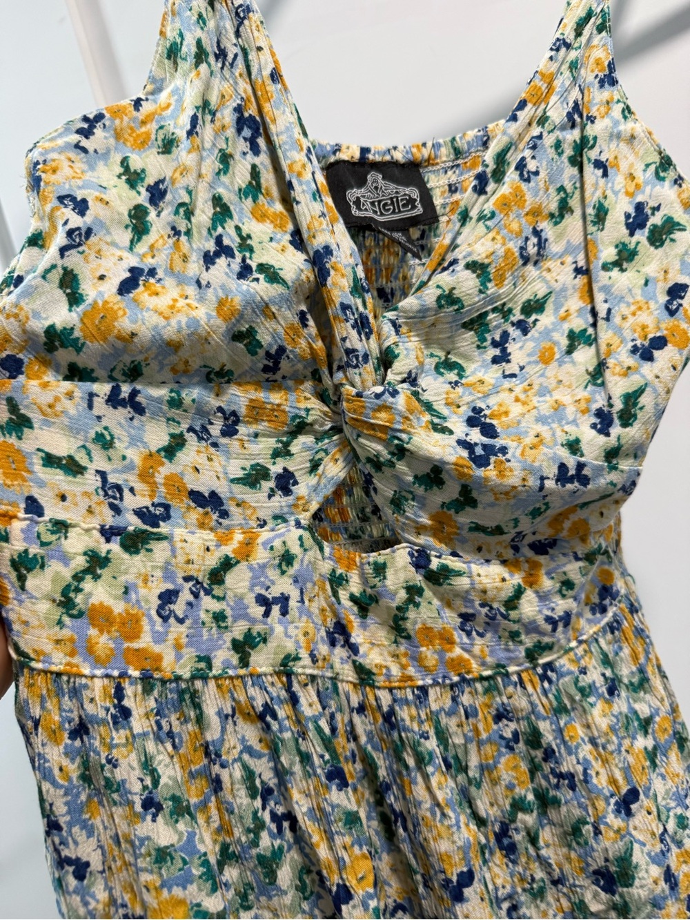 Angie Floral Twist-Front Mini Dress in White, Blue & Yellow - Picture 5 of 5